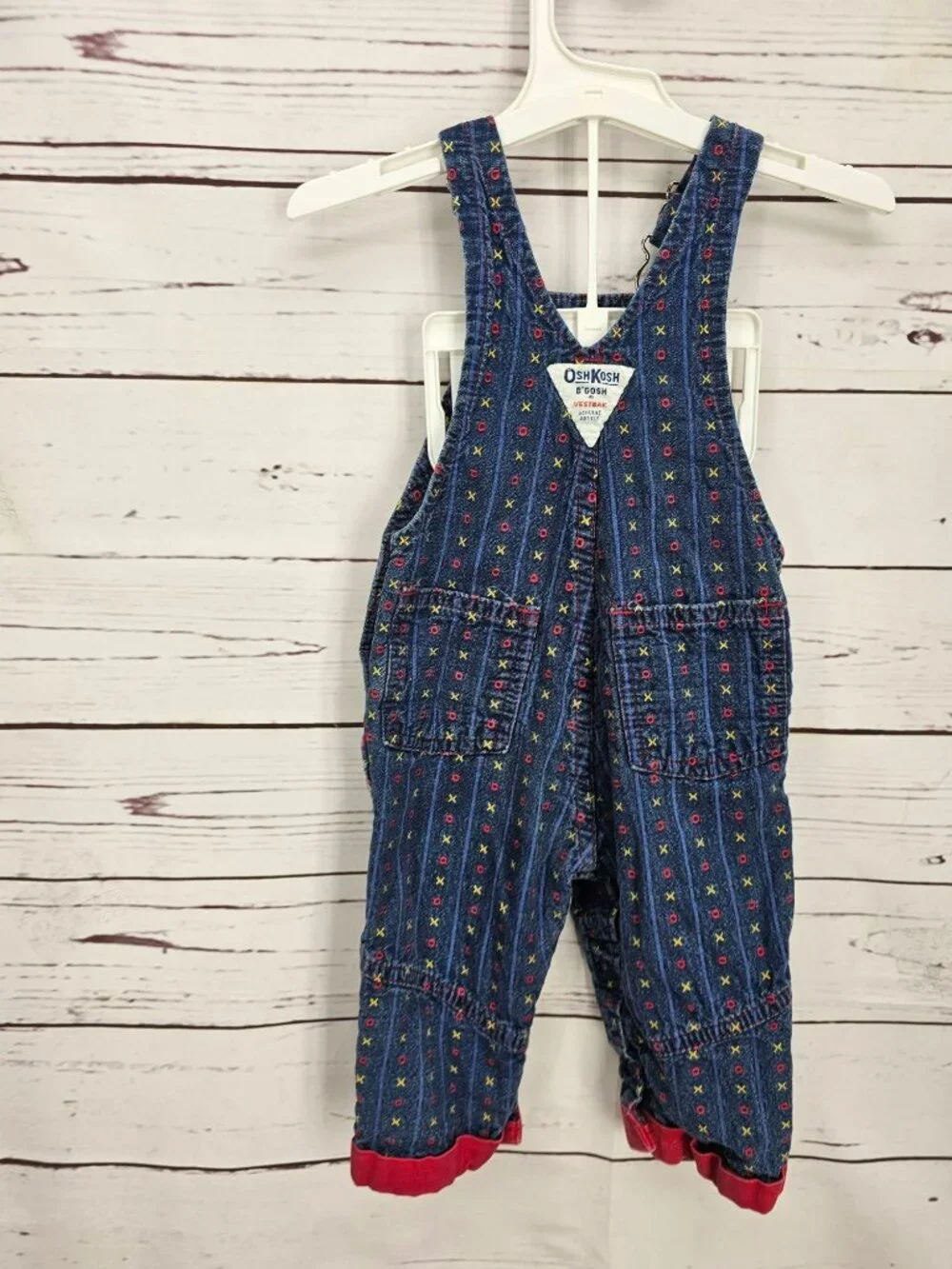 OshKosh Bgosh Infant Girls XO Tic Tack Toe Denim Overalls 6/9M Red USA Made